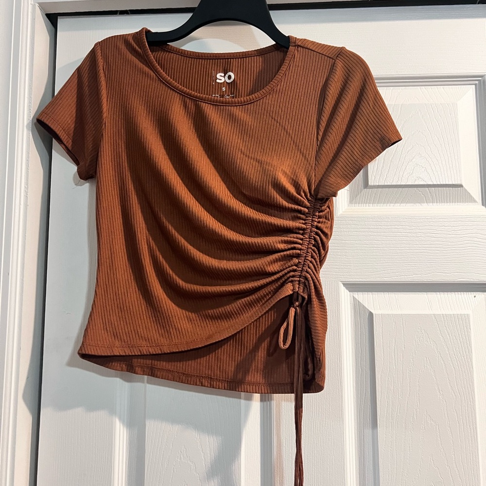 SO Brown Crop Ruched Tie Front T-Shirt